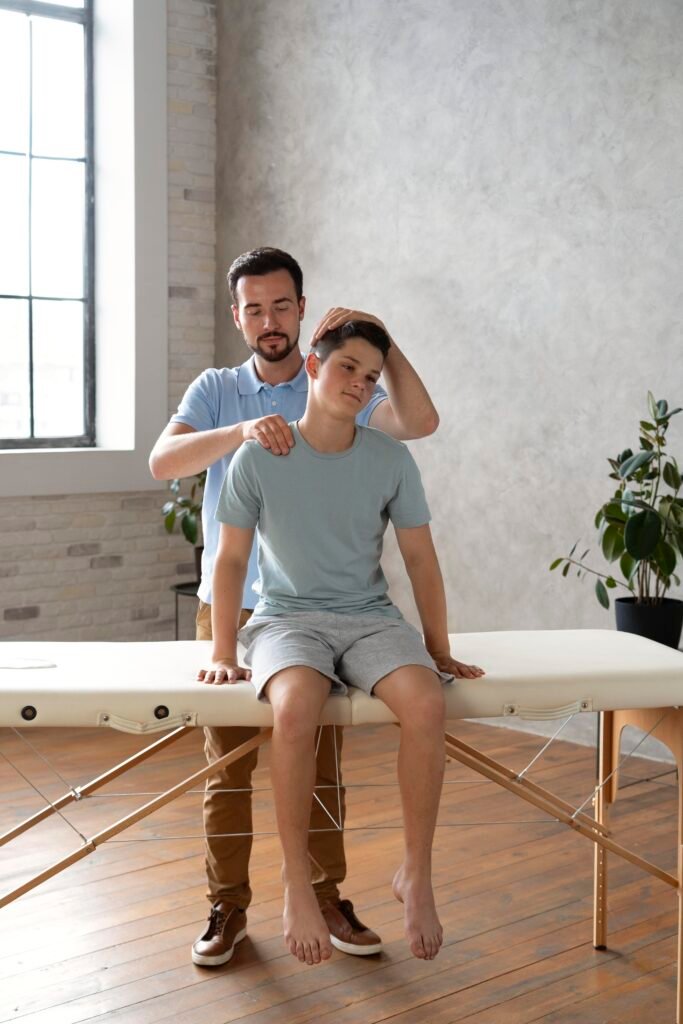 man helping patient physiotherapy full shot